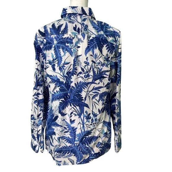 Talbots Cotton Blue & White Fern Print Button Down Shirt Polka Dot Cuff (Size S) - Picture 6 of 10